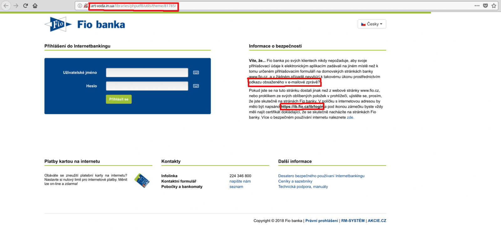 Napodobenina přihlašovací stránky do Fio banky